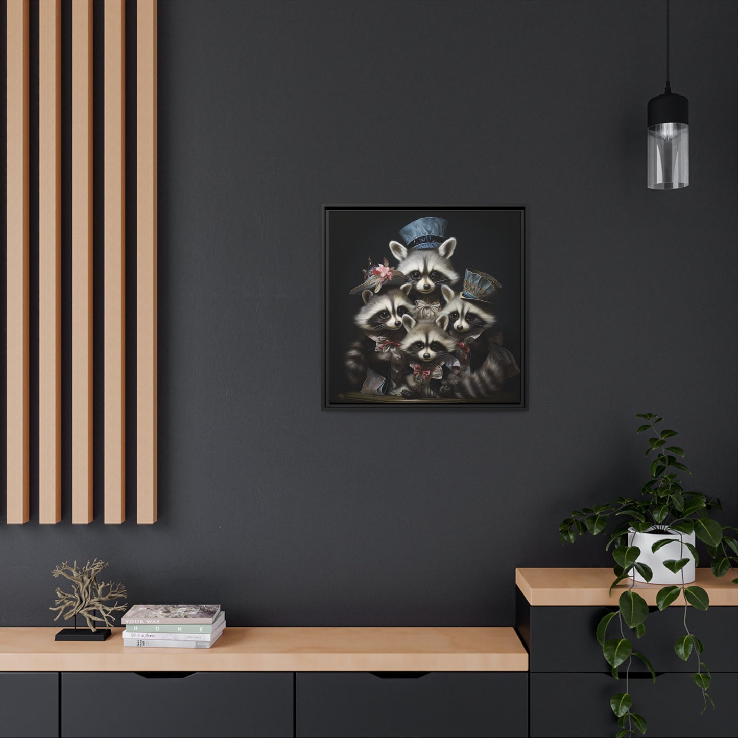 Raccoon Family in Blue Hats Framed Wall Canvas