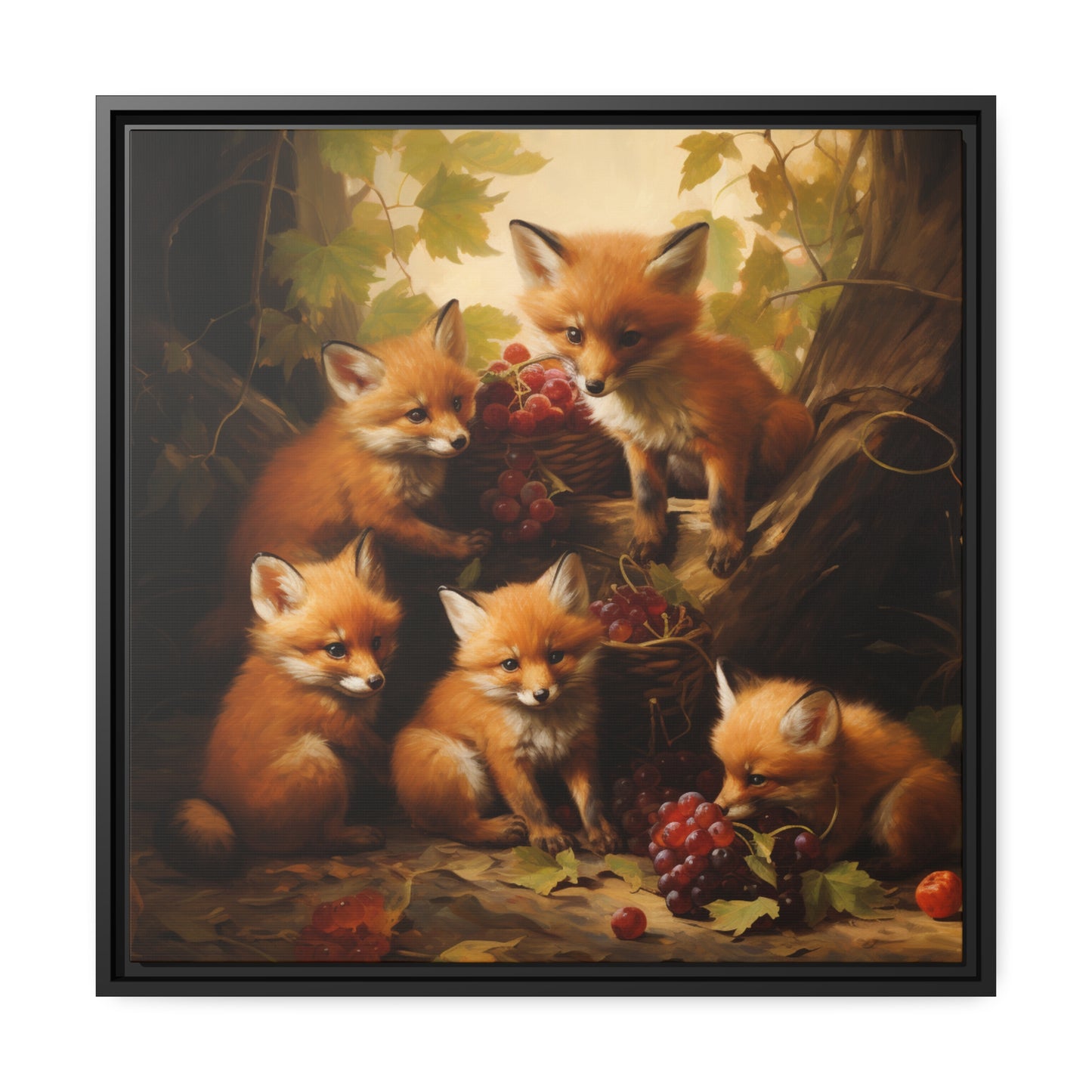 Fox Family with Red Grapes Framed Wall Canvas