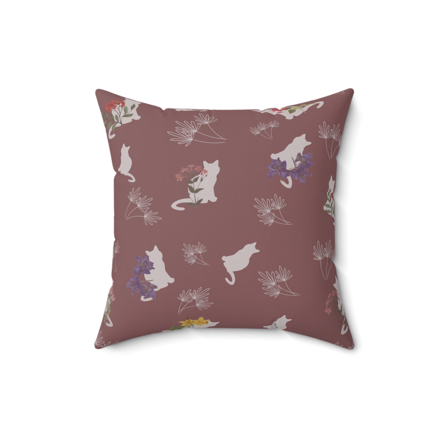 Cat and Flowers/Leafy Whimsy Throw Pillow – Mauve