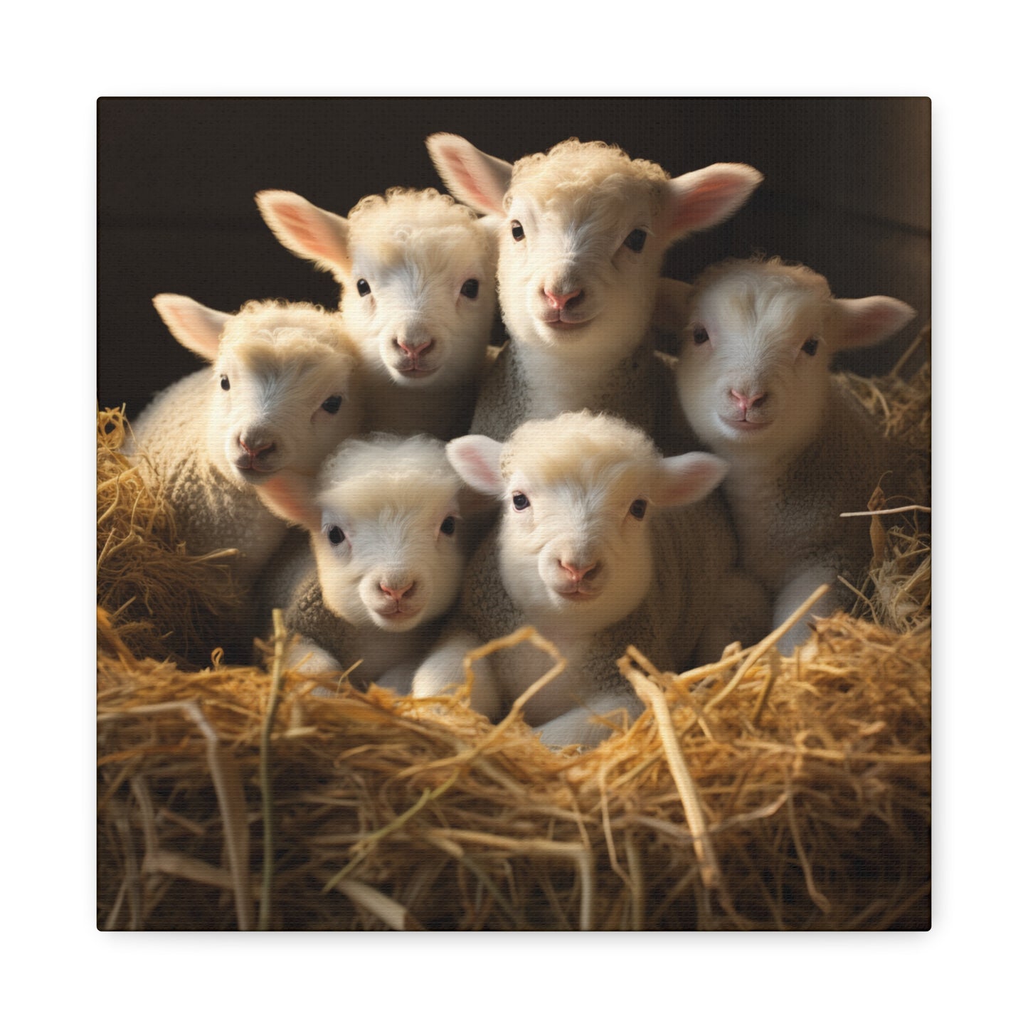 Lamb Family in Straw Wall Canvas