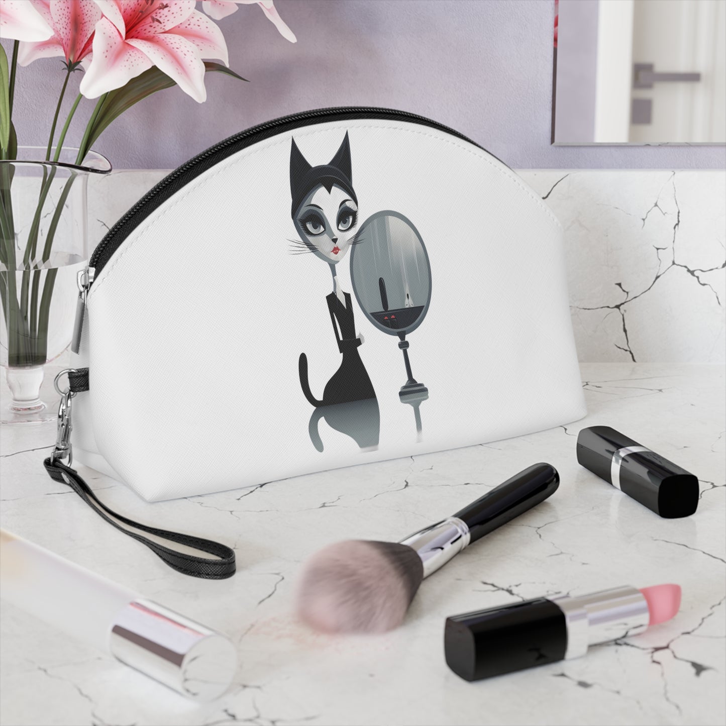 Sophisticated Cat Makeup Bag – Lady and Mirror