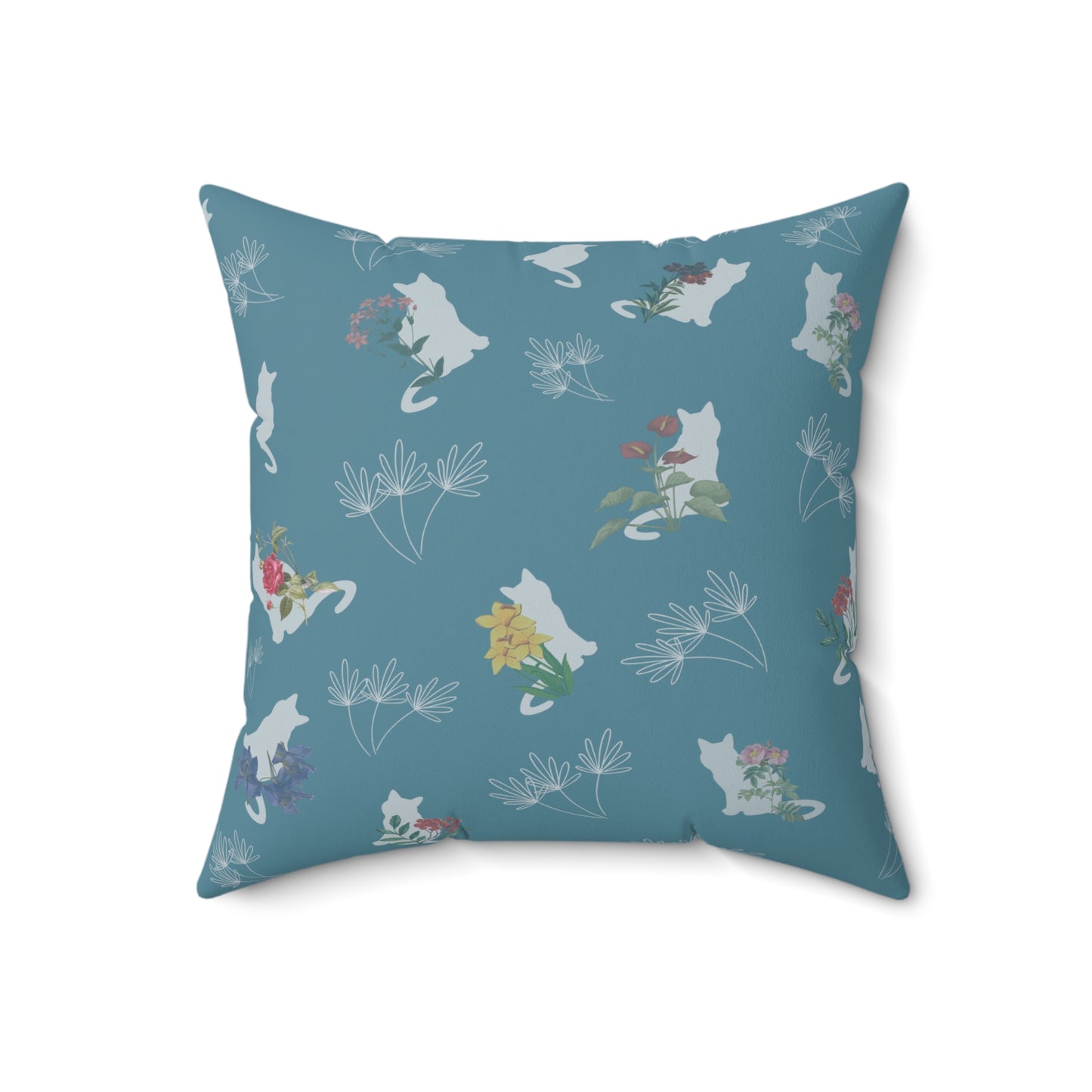 Cat and Flowers/Leafy Whimsy Throw Pillow – Light Blue