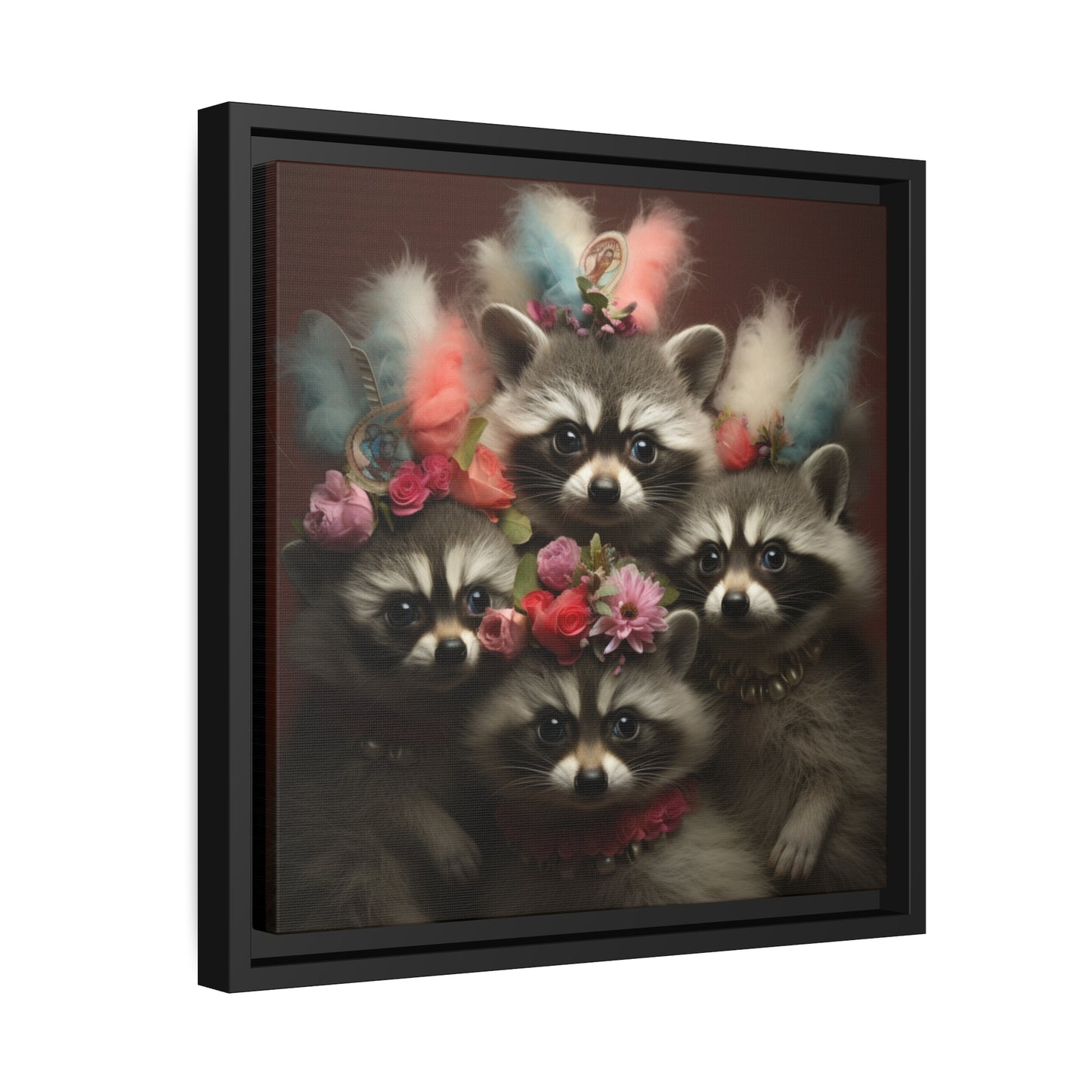 Raccoon Family with Colorful Plumes Framed Wall Canvas