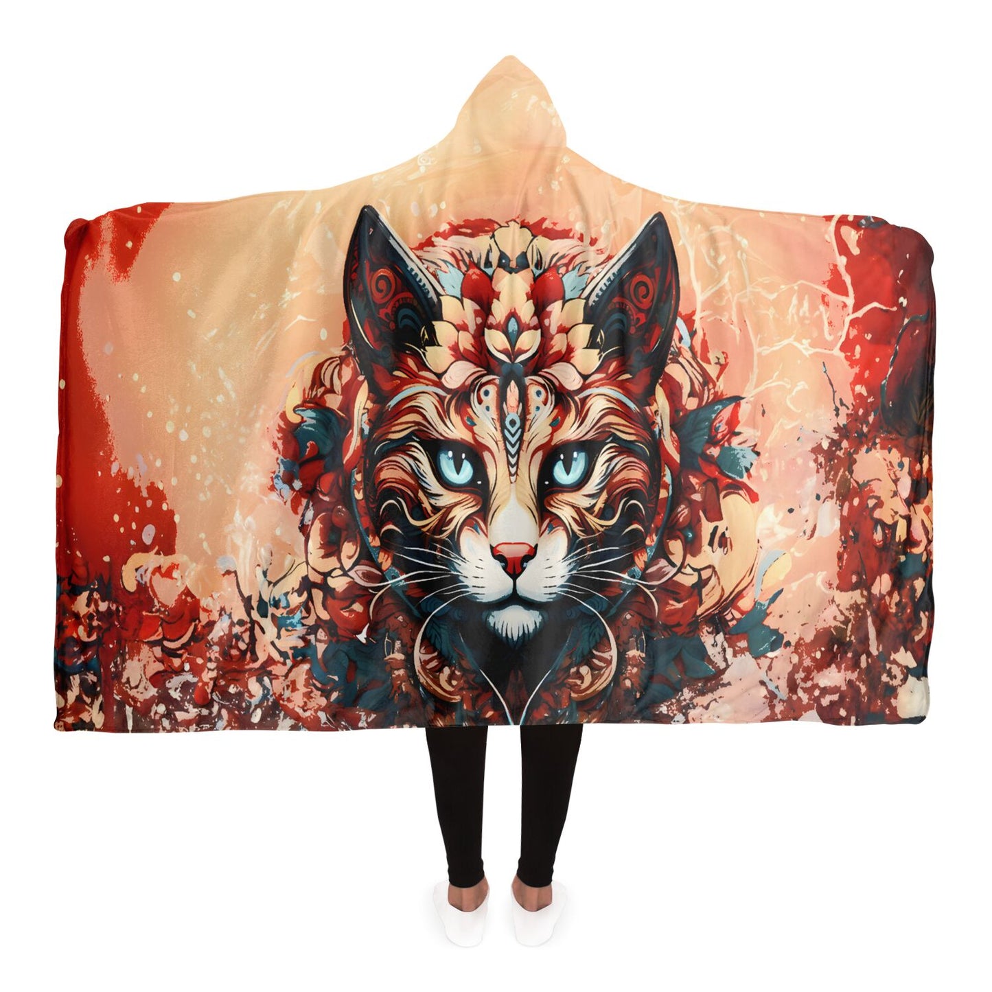 Deep Orange Mystical Cat - Hooded Blanket