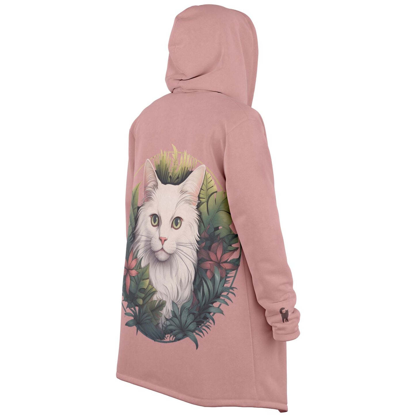 White Cat with Pink Flowers on Pink - Fleece Lined Cloak