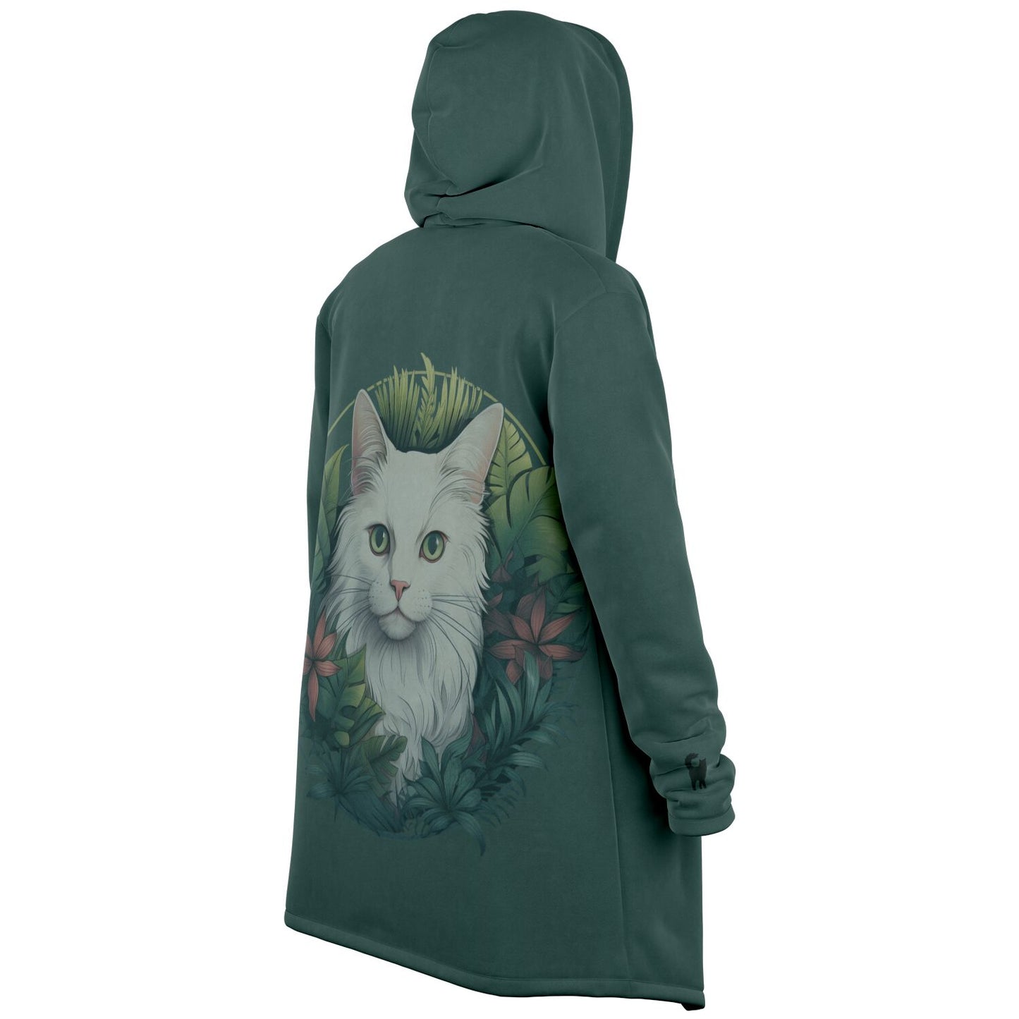 White Cat and Pink Flowers on Forest Green - Fleece Lined Cloak