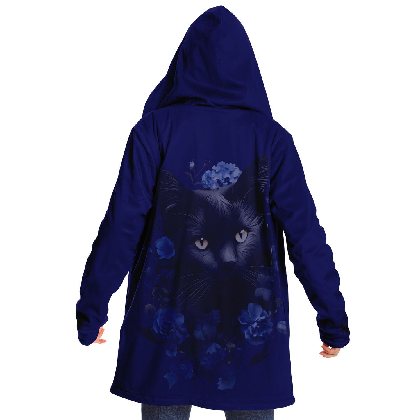 Cat and Blue Blooms - Fleece Lined Cloak